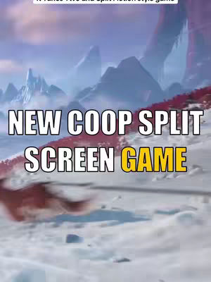 The image is dominated by a winter landscape with a snow-covered foreground and snow-capped mountains in the background. Text overlays in white and yellow announce a new co-op split screen game. The overall composition gives a sense of cold and adventure.