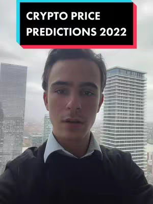 A young man stands in front of a large window or glass wall, with two tall buildings visible outside. A text overlay at the top reads "CRYPTO PRICE PREDICTIONS 2022."
