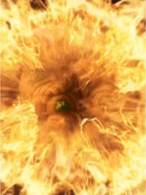 The image depicts a circular, fiery explosion. The center is dark, perhaps suggesting a cat's face, framed within vibrant orange and yellow flames.