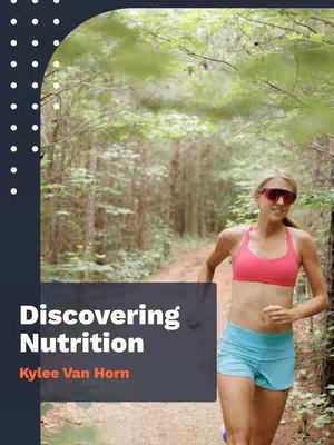 A woman is running on a path in a forest, with a dark blue shape overlaid on the left that has text. The woman is wearing sunglasses, a pink sports bra, and blue shorts. The background is a forest with a path going through it.