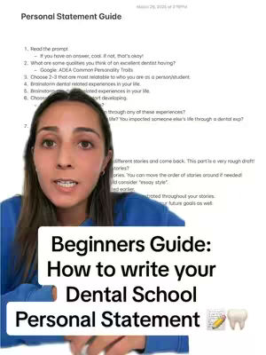 A woman in a blue shirt is in the center of the frame, appearing to speak directly to the viewer. Behind her, a document titled 'Personal Statement Guide' is visible. At the bottom, a white rectangle with the text 'Beginners Guide: How to write your Dental School Personal Statement' and illustrations of a pencil, a notepad, and a tooth is overlaid.