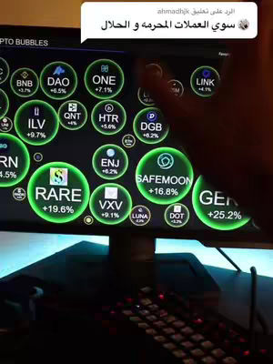 A close-up of a computer screen displaying a real-time cryptocurrency tracker. The green-circled logos of various cryptocurrencies are shown against a dark background, accompanied by the current percentage changes. The creator's hand is partially visible, seemingly interacting with the computer.