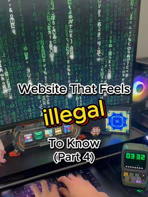 The cover image shows a desk setup with a computer screen displaying a matrix-like background. Overlaid on the screen is text that says "Website That Feels Illegal To Know (Part 4)". Other elements include a keyboard, a digital clock showing 03:32, and some decorative items.