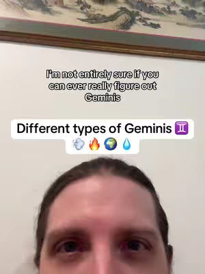 The cover image features a close-up shot of a person's face, with the forehead and eyes prominently displayed. Above them, text reads, "I'm not entirely sure if you can ever really figure out Geminis." Below this, in a white box, the words "Different types of Geminis" appear, accompanied by small icons representing air, fire, earth, and water. The background shows a glimpse of a framed picture.