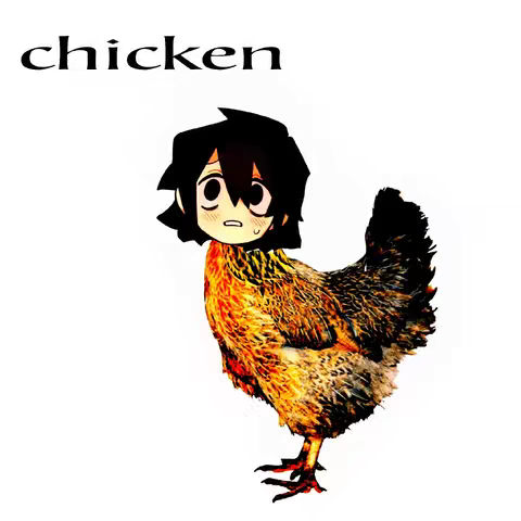 A digital art piece featuring a chicken's body with the head of a cartoon character with black hair and a surprised expression. The word "chicken" is written at the top.