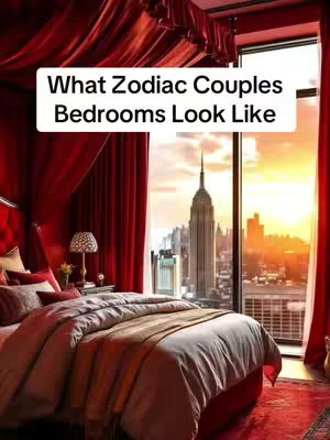 A luxurious bedroom with red curtains framing a large window overlooking a cityscape at sunset. The bed, covered in a plush comforter, is the focal point. The overlay text is in a white box.