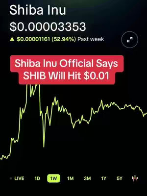 The cover image displays a candlestick chart of Shiba Inu (SHIB) coin price on a dark background. A red banner reads, "Shiba Inu Official Says SHIB Will Hit $0.01". The chart displays a fluctuating line graph, with time intervals labeled along the bottom. The current price is listed at the top, with a percentage change below. The overall layout is clean, with a focus on financial data.