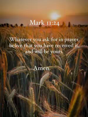 An image depicting a field of wheat with a sunset in the background. Text overlays provide a Bible verse and the word "Amen."