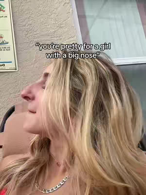 A side profile shot of a woman with long blonde hair, with text overlayed on the image.
