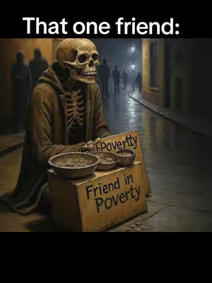 A digital art piece depicts a skeleton figure in tattered clothing, kneeling on a city street. The skeleton holds a sign that says 'Poverty' and 'Friend in Poverty', along with a bowl of coins. The background features blurred figures walking on a wet pavement and a street with dim lights. The overall color scheme is dark and muted, with shadows highlighting the desolation.