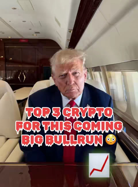 The cover image features a high-angle shot from inside a private jet. Former President Donald Trump is seated, looking directly at the viewer with a stern expression. Overlayed text reads, 'TOP 3 CRYPTO FOR THIS COMING BIG BULLRUN', in a vibrant red font with a stylized, dripping effect. Below that, there's a small graph which chart is going upward.