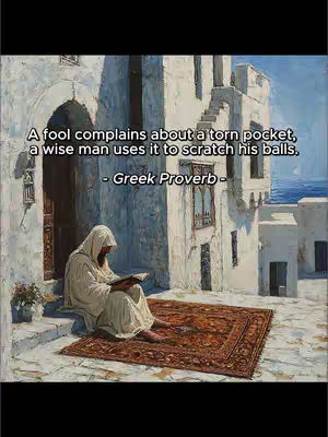 An artistic illustration depicts a person in traditional attire sitting on a rug in front of a building with a quote overlayed on it.