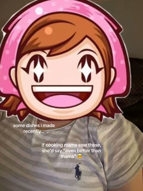 The image features a person wearing a striped shirt with a cartoon overlay of Cooking Mama's face. Text overlays are written on the image with added callouts to the popular franchise's approval. The overall composition includes text and the face overlay.