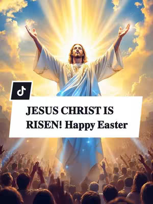 The image features a majestic depiction of Jesus Christ, emanating a bright light from behind. He is positioned with arms outstretched, suggesting a gesture of resurrection or blessing. Below him, a crowd of silhouetted figures with raised arms are visible, likely representing worshipers or followers. A horizontal white banner with bold black text is present. The sky is painted with clouds and diffused light, creating a spiritual atmosphere.