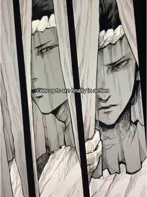 An artistic, grayscale illustration featuring two manga-style male figures framed behind vertical bars that resemble a prison's or a curtain, adding a sense of being confined. The figures are drawn with sharp features, intense expressions, and their heads are adorned with what appears to be a crown. The composition suggests a sense of tension or confinement, with a text overlayed in the middle.