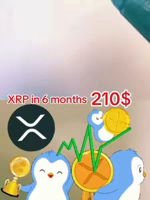 The cover image features a cartoonish illustration with a light background. The central element is a black circle with the white XRP logo. There are stylized penguins in the foreground, some of them holding what appears to be gold coins or trophies. A visual representation of a stock market line is present, rising upwards beside the penguins. The text overlay 'XRP in 6 months 210$' is placed near the image of the XRP logo.