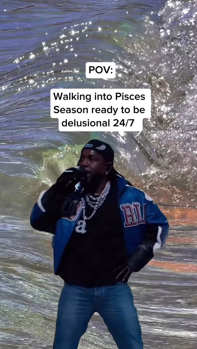 The cover image features a man with a microphone standing in front of a rippling water-like background reflecting light. Text overlay indicates "POV: Walking into Pisces Season ready to be delusional 24/7."