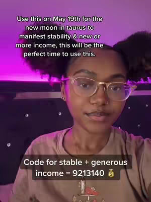 A young woman with glasses is centered in the frame, with a soft focus. She is wearing a t-shirt. Overlaid at the top is white text that explains the video's astrological premise. At the bottom is another text overlay containing a numerical code seemingly relating to income, as the video promotes manifesting abundance.
