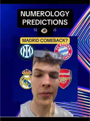 The cover image shows a young man with short brown hair, wearing sunglasses on his forehead, against a blue background. Behind him are logos of different football clubs, surrounded by a black box at the top of the image containing the text 'NUMEROLOGY PREDICTIONS'.