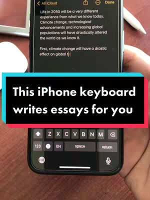 The cover image shows a hand holding a smartphone displaying an essay on a black background. A colored bar in the foreground reads, "This iPhone keyboard writes essays for you".