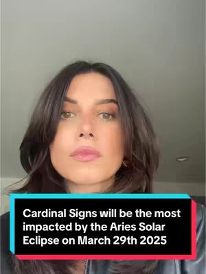 A selfie-style shot featuring a woman with dark hair, facing the camera with a neutral expression. A black rectangular banner at the bottom of the screen contains white text detailing an astrological forecast.