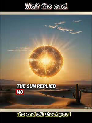 The image showcases a desert landscape at sunset. In the center, a large, bright sun dominates the scene, radiating bright light. Below, a desert with sand dunes stretches across the frame. The color palette is warm with oranges and yellows from the sun, transitioning to muted browns and blues in the landscape and sky. Text overlays are positioned at the top and bottom, with additional text in the center.