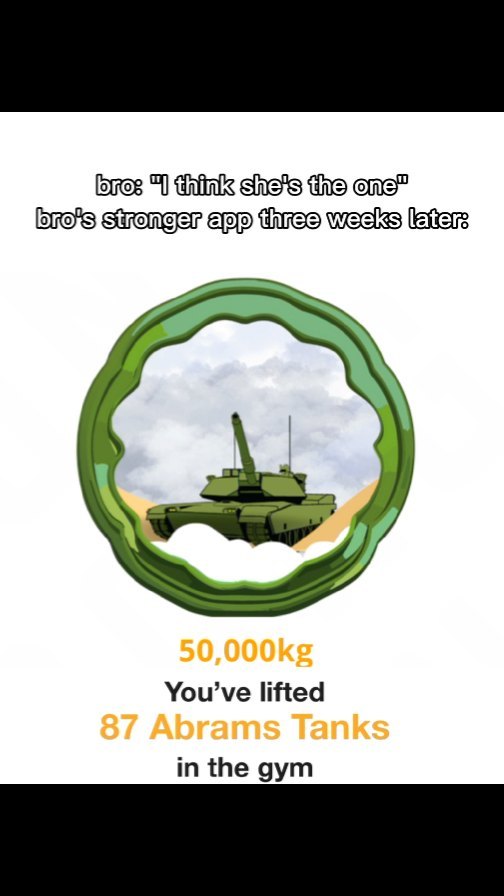 The cover image shows a humorous meme. The top text states, 'bro: 'I think she's the one' bro's stronger app three weeks later:'.  A circular frame, colored green, contains an illustration of a military tank set against a cloudy sky. Underneath, text indicates the user has lifted 50,000kg, equating to 87 Abrams Tanks in the gym.
