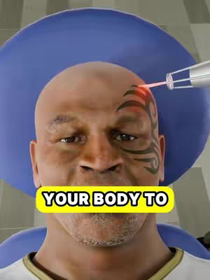 The image shows a close-up of a man’s face with part of a tribal tattoo and a laser pointer near the tattoo, with a yellow text overlay, and a blue background.