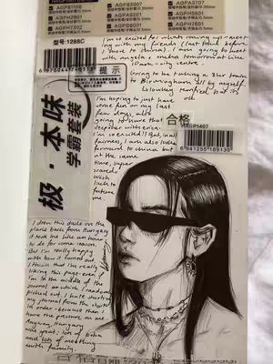 A detailed sketch of a person with long dark hair, wearing sunglasses, and multiple necklaces, overlaid on a background with handwritten notes, barcode stickers, and Chinese text.