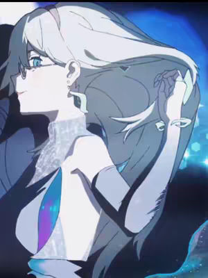 An anime-style illustration of a character with long, flowing silver hair. She is seen in profile, and her head is turned to the right, with her profile visible. She is wearing glasses and a high-collared outfit, with arms raised. The background has blue color.