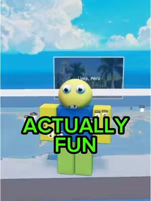 A Roblox character stands prominently in the center, its body segmented into geometric shapes. Above, a stylized blue sky with puffy white clouds fills the background. Behind the character, a digital display shows a scene identified with text. Overlaying the character is large, eye-catching text in a bold, green and black design.