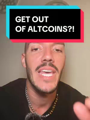 A man with a trimmed beard appears in a close-up front-facing shot. He's wearing a black shirt and a necklace. Above him, a text overlay reads "GET OUT OF ALTCOINS?!" within a teal and red rectangular box.