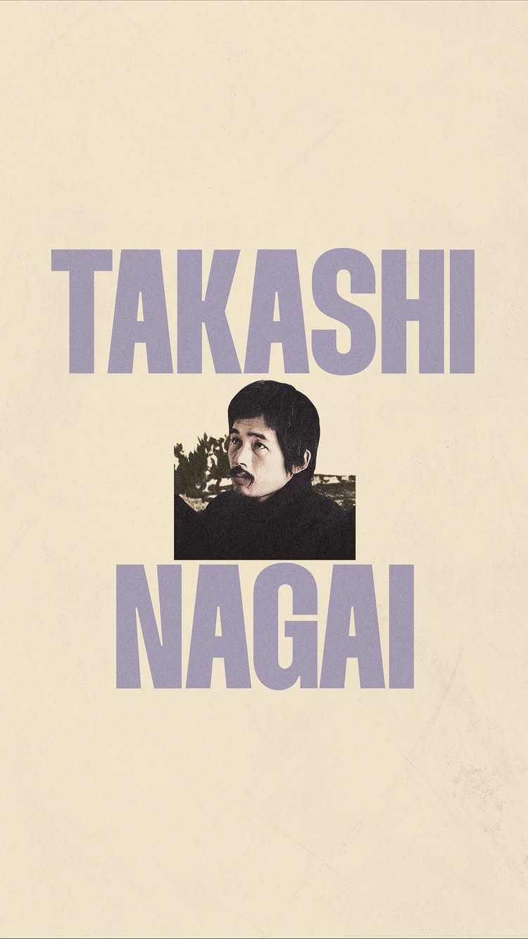The image is a vertical poster featuring the name "TAKASHI NAGAI" in large, light-purple sans-serif text against a cream-colored background. A black-and-white photo of a man with dark hair and a mustache is centrally placed between the two words of the name. The overall composition is minimalistic and focuses on the subject's name and likeness.