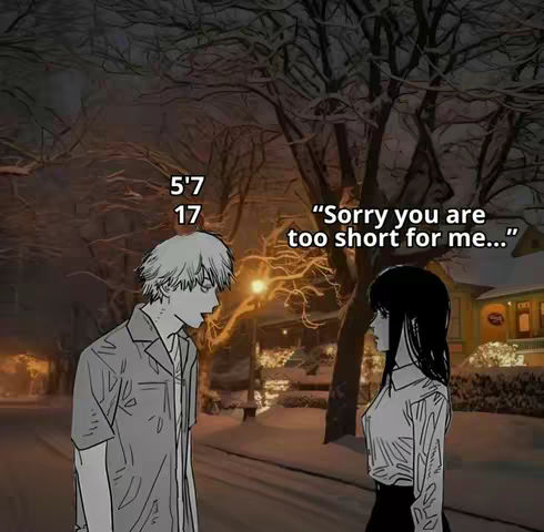 The cover image presents an illustration featuring two anime-style characters on a snowy street at night. A male figure on the left, is wearing a button-down shirt, the woman on the right in a long sleeve shirt. Overhead text details their heights.