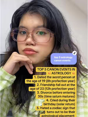 A young woman with long dark hair and glasses is looking at the camera, resting her chin on her hand. Text overlays list 'top 5 astrology canon events'.