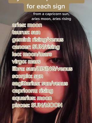The cover image features a close-up of a person's face with overlaid text listing zodiac signs and their corresponding placements. The individual has long, dark hair and is gazing directly at the viewer. The text is centered, using a clean, sans-serif font, and a warm beige over a blurry background of flesh tone colors that creates a cohesive and informative composition.