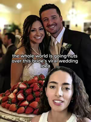 The cover image shows a wedding scene featuring a bride and groom smiling. In the foreground, a woman is also smiling. A large tray of strawberries is in front of the bride and groom.