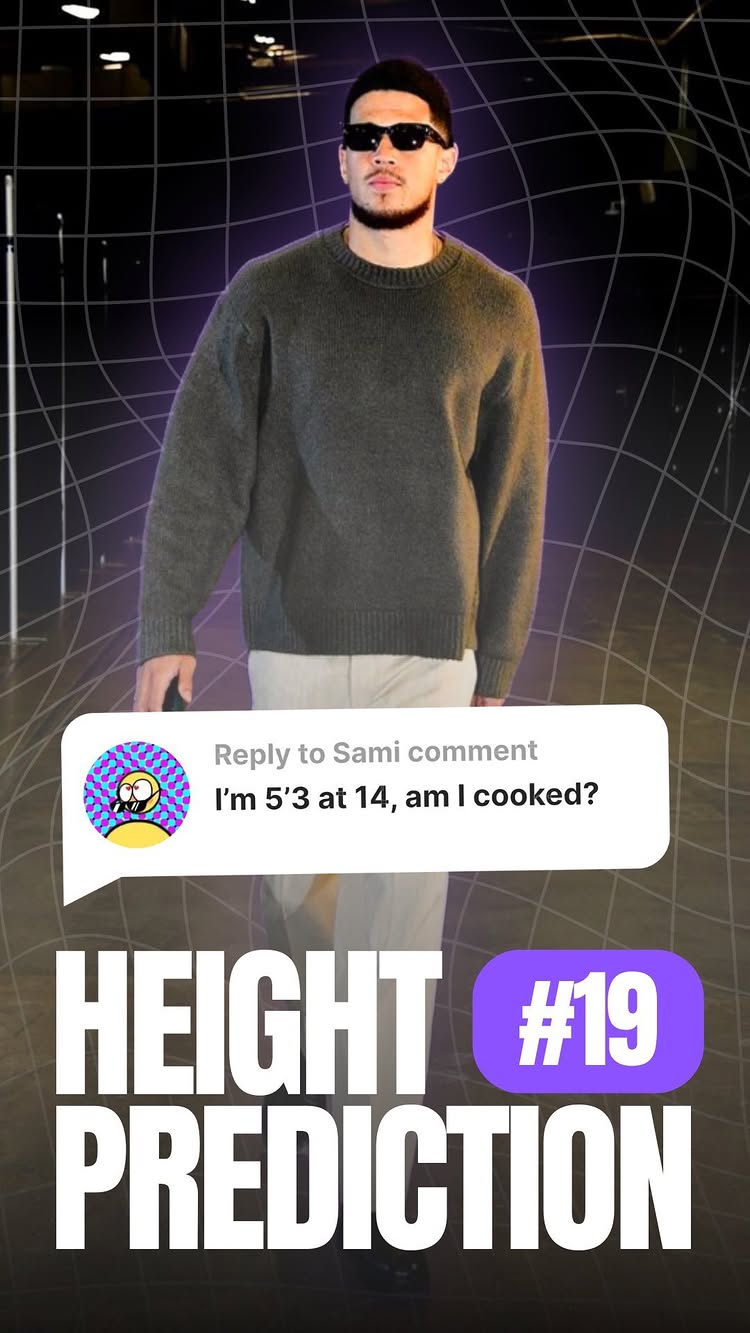 The cover image features a man wearing sunglasses and a dark green sweater. He is positioned against a dark background with a grid pattern of white, curving lines. Below the man, there's a speech bubble containing text, and large white text at the bottom that reads 'HEIGHT PREDICTION' along with a purple label showing '#19'.