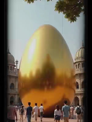 An image framed with a dark border showing a large golden egg in the middle of a public square or plaza. The egg is highly reflective, with the sky and buildings reflected in its surface. Around the egg, many people are walking, suggesting a bustling environment. The architecture includes classical-style buildings with domes.
