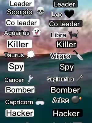 The image displays a list of zodiac signs paired with roles or labels. Each sign is accompanied by a label such as 'Leader', 'Co-leader', 'Killer', or 'Spy'. The background appears to be a blurred, gradient of blues and greens, suggesting an ocean or water theme, and each zodiac sign is listed with a corresponding emoji.
