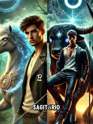 The image is split vertically, displaying two stylized male figures representing zodiac signs, each with fantasy-themed elements. The left side shows a man with dark hair and a black leather jacket, standing next to a white horse. The right side features a man in a similar outfit, posing next to a dark bull. The background of each figure is a celestial, fantasy setting with color palettes that emphasize a sense of magic and mysticism. Below the right side is the text 'SAGITÁRIO'.