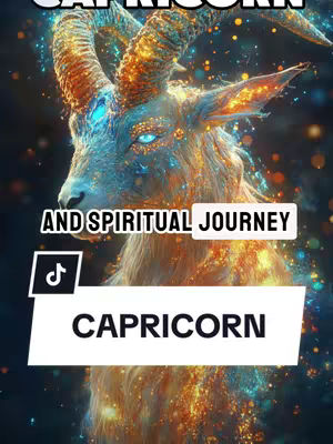 A digitally created image featuring a celestial goat or ram, representing the Capricorn zodiac sign. The creature is depicted with glowing blue and gold colors, set against a dark, starry background. Text overlays identify the zodiac and its themes.