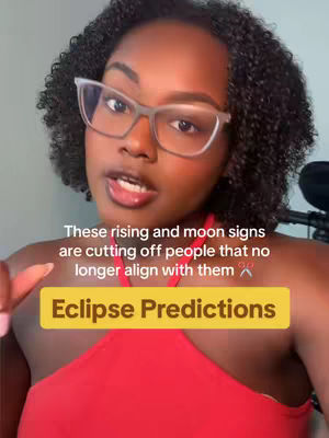 The cover image features a close-up shot of a Black woman with curly hair and eyeglasses against a soft background. She's looking towards the camera, seemingly speaking, with text overlays suggesting an astrology-related topic. The woman is wearing a red halter top.