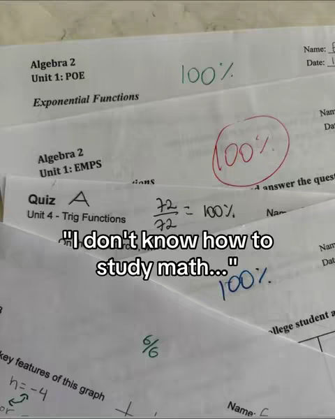 The image shows a close-up view of several math quizzes and tests. The papers are white with black text and handwritten markings in green and red ink. The text overlayed on the papers reads, "I don't know how to study math..."