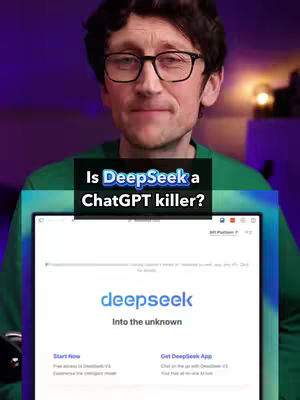 A man with glasses is in the middle of the frame and is holding up a screen that shows a white screen with a logo that says deepseek. There is a green bar above the screen and a text overlay on the bar that says "Is DeepSeek a ChatGPT killer?" the camera is focused on the creator’s face and the screen is in the background.