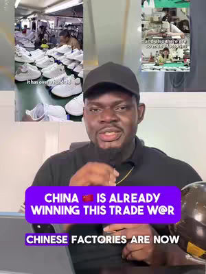 The image shows a man in a black cap and shirt against a blurred background containing three inset images. The main image focuses on the man with text overlays: a purple bar with white text ('CHINA IS ALREADY WINNING THIS TRADE W@R') and a white text ('CHINESE FACTORIES ARE NOW'). The inset images depict a shoe factory and close-ups of shoe production. The overall composition is a studio-style setup.