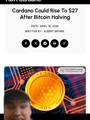 The image is a composite, combining a news article screenshot and the face of a man. The article, titled 'Cardano Could Rise To $27 After Bitcoin Halving,' is displayed at the top and features a date and the author's name. Underneath is a visual of a golden Cardano coin and a section of a man's face who is looking toward the camera.