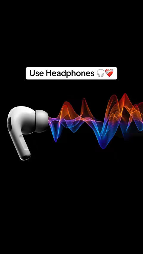 The image features a pair of white wireless earbuds on a black background. A stylized sound wave in shades of red, orange, blue, and purple emanates from the earbuds. The overlay text reads 'Use Headphones'.