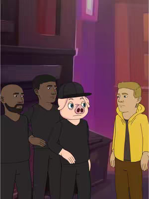 An illustrated image depicts a pig-headed figure in a black outfit and a black baseball cap standing in a street scene with other stylized individuals. The pig-headed person is the central focus, appearing slightly out of place. The background is dark and blurred, with hints of purple and red lighting providing contrast. The other characters are wearing dark-colored clothing (black), appearing as a group of shadows. The overall aesthetic is a cartoonish representation of a street setting, combined with the juxtaposition of a pig-faced character.