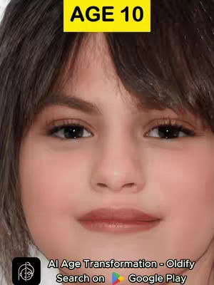A close-up shot of a person's face, showing a digital age transformation. The image is of a person with light skin, dark hair, and dark eyes. The age transformation is indicated by the overlaid text 'AGE 10' within a yellow box. At the bottom of the image is an app logo and the text 'AI Age Transformation - Oldify' followed by 'Search on Google Play'. The background is blurred, focusing on the face.